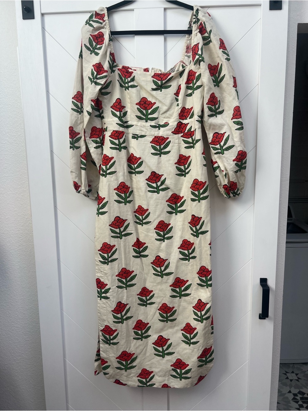 RHODE (NWT) Cream Midi Dress with Red Rose Print